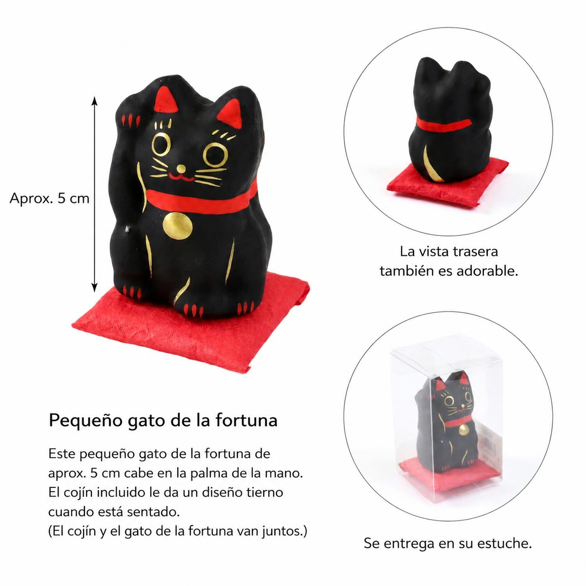 Pequeño Maneki-neko japonés de papel maché con cojín